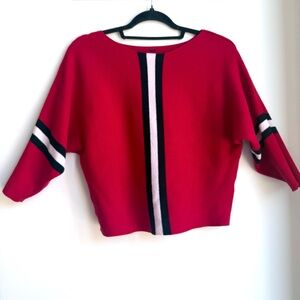 Say What? Red Ribbed Pullover with Black and White Center Stripe